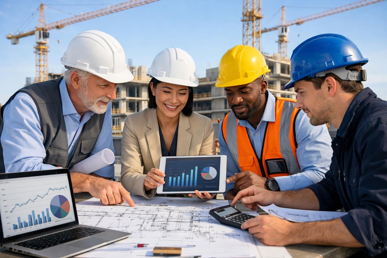 Un groupe de professionnels discutant autour de plans et tablettes sur un chantier de construction avec des grues en arrière-plan.