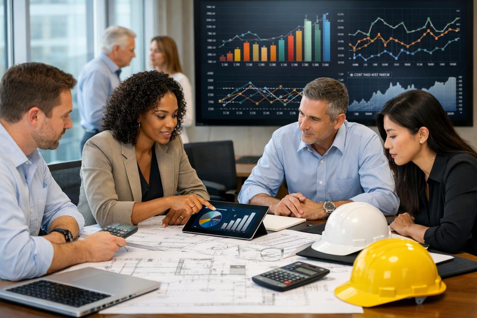 Des professionnels en réunion autour d'une table avec des plans et des graphiques liés aux coûts de construction.