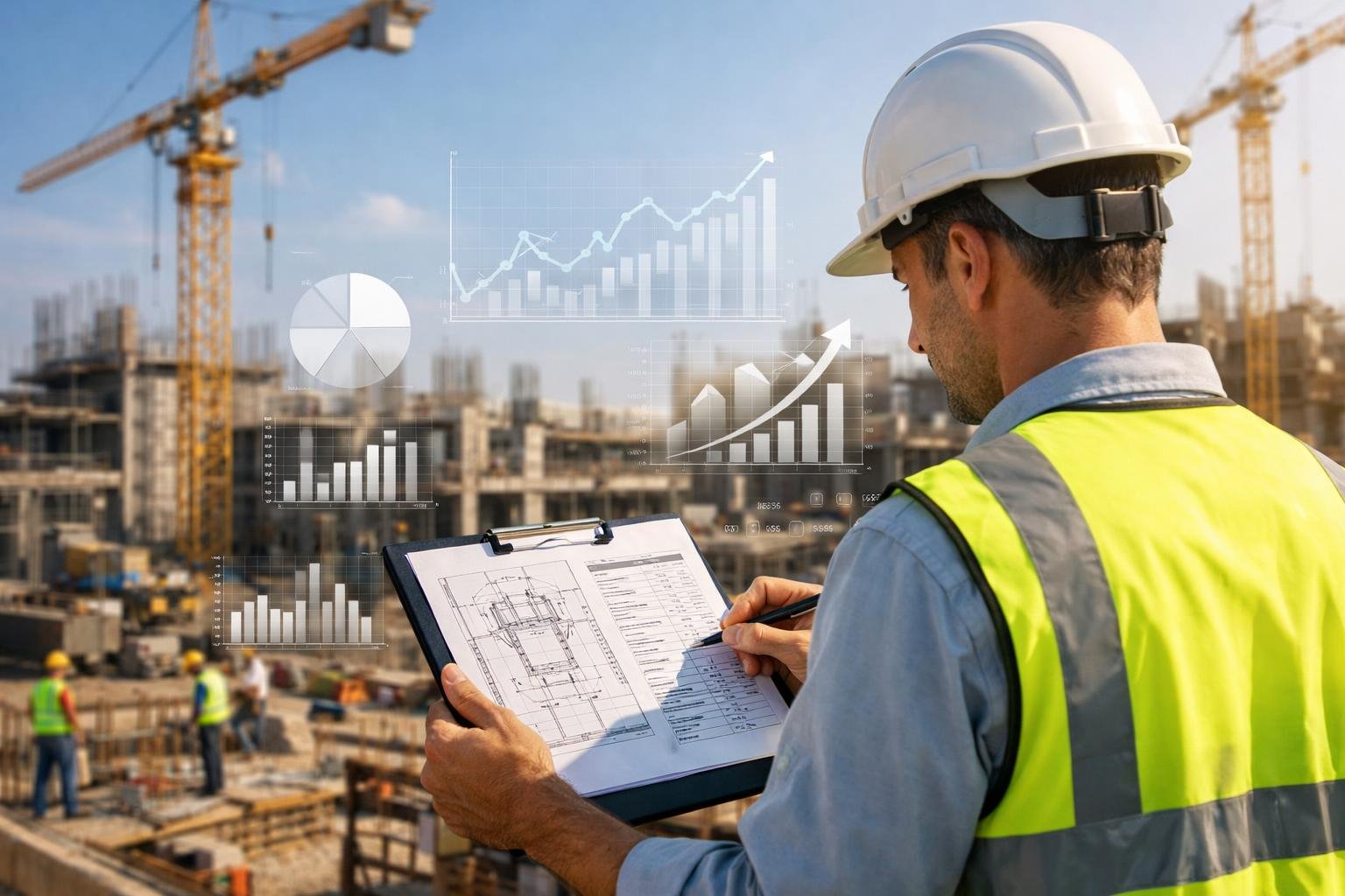Un ingénieur en construction examine des plans sur un chantier actif avec des grues et des ouvriers en arrière-plan.