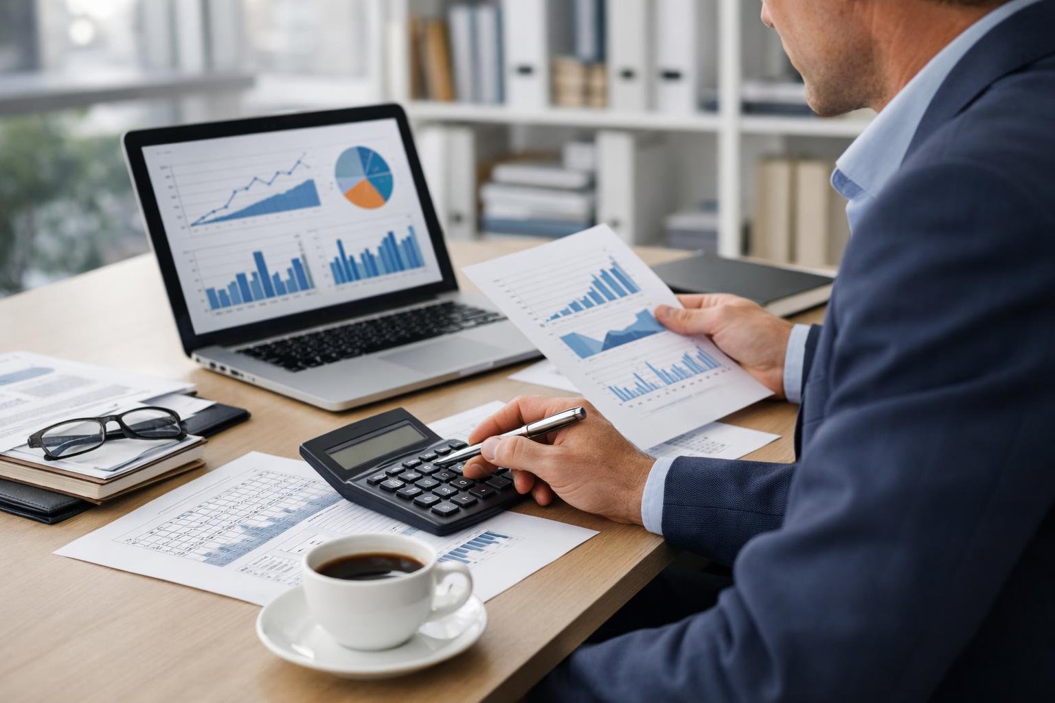 Une personne en tenue professionnelle calcule une révision de prix dans un bureau moderne avec un ordinateur portable, des documents financiers et une calculatrice.