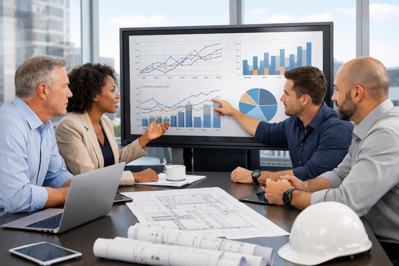 Un groupe de professionnels discute autour d'une table avec des graphiques de construction affichés sur un écran tactile dans un bureau moderne lumineux.