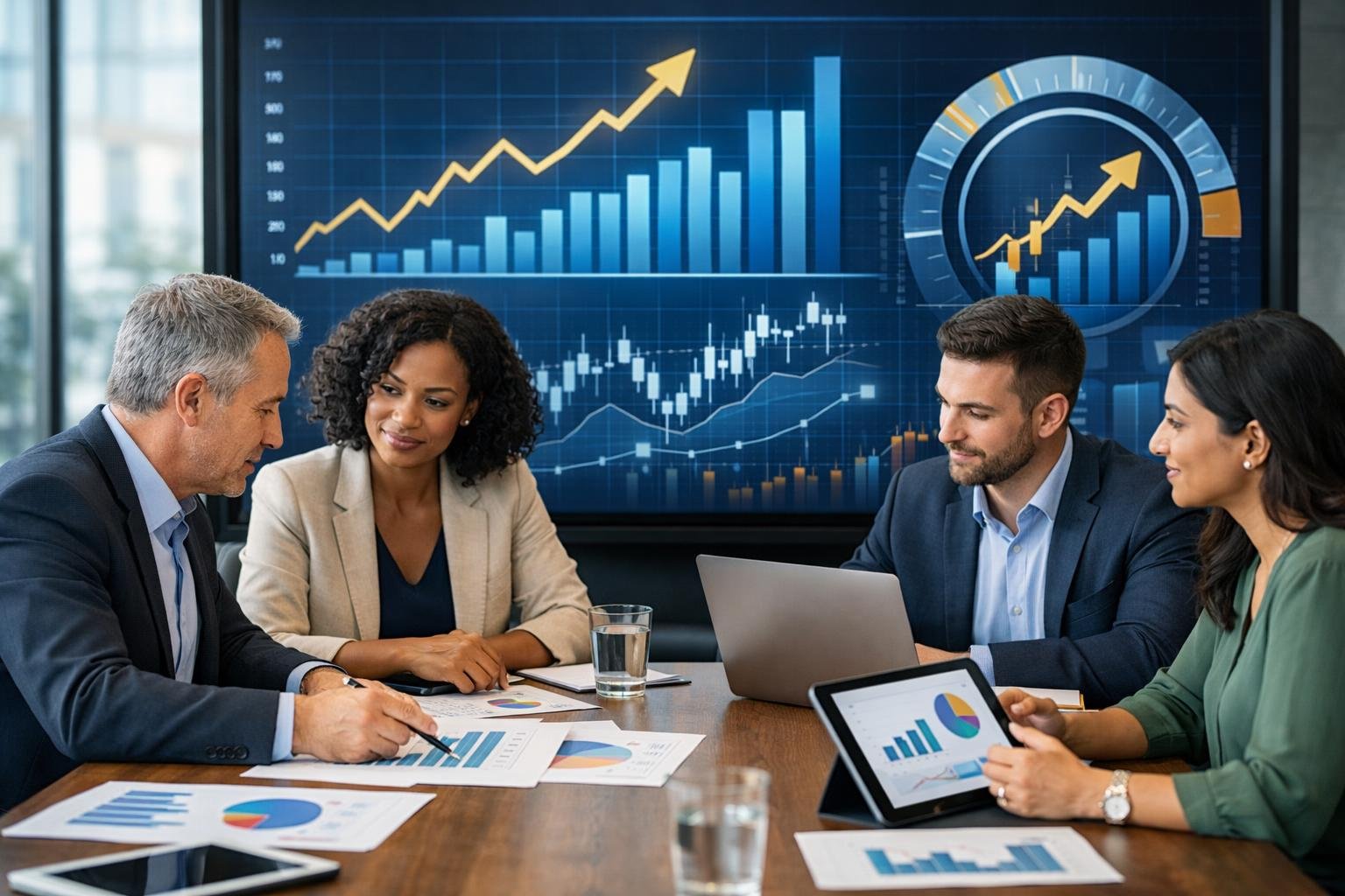 Des professionnels en réunion autour d'une table avec des ordinateurs et des graphiques liés aux coûts de construction, dans une salle de conférence moderne.