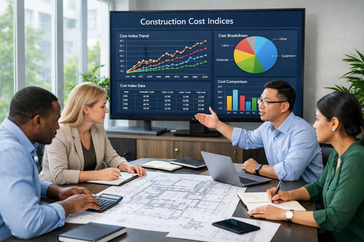 Des professionnels en réunion autour d'une table avec des plans, ordinateurs et graphiques liés aux coûts de construction dans un bureau moderne lumineux.
