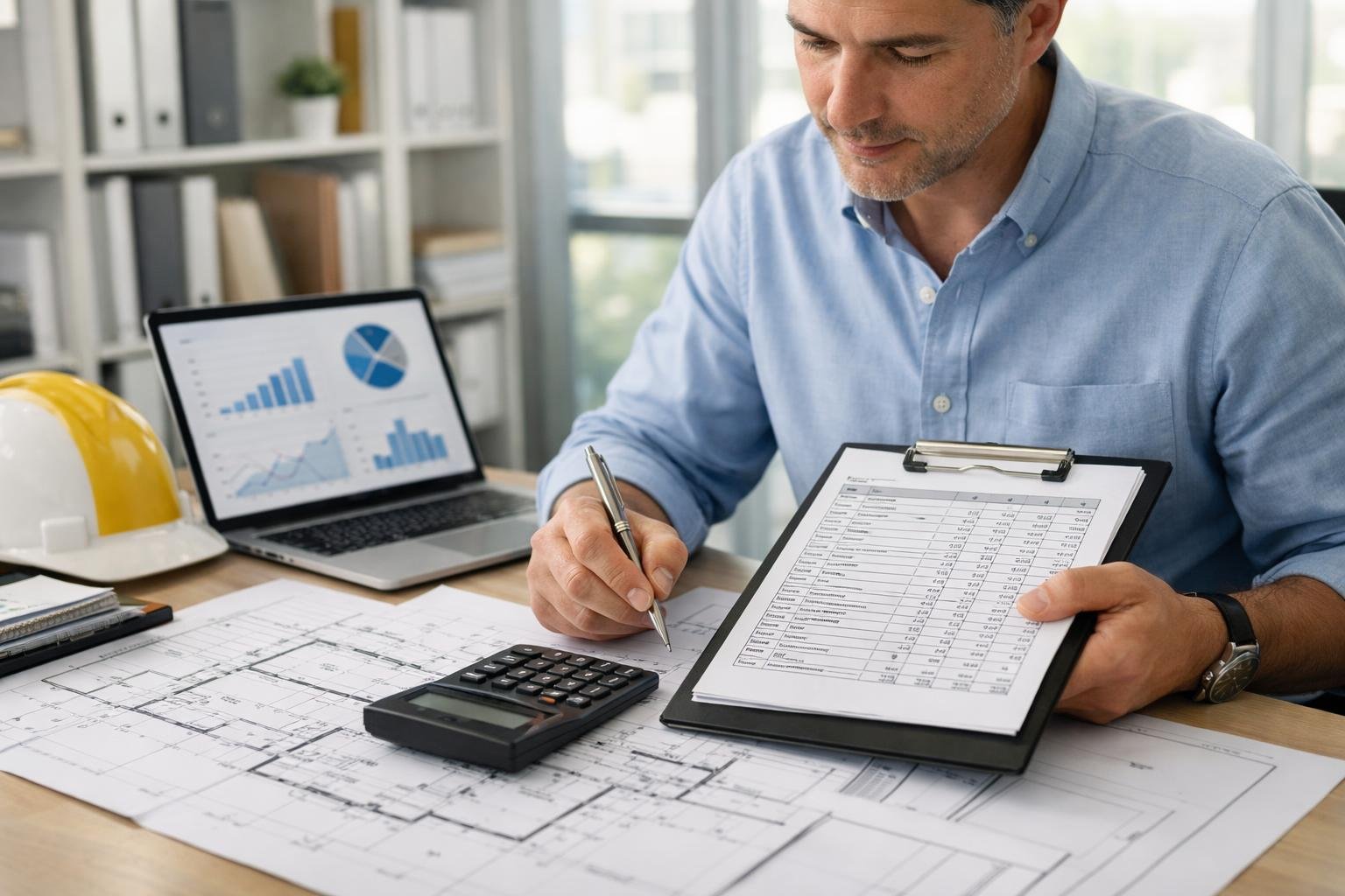 Un professionnel examine des documents détaillés et des plans sur un bureau dans un bureau lumineux et organisé.