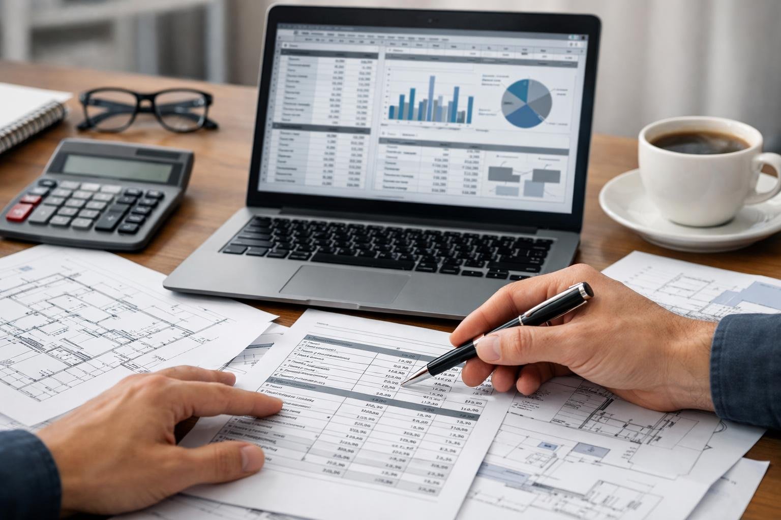 Bureau moderne avec une personne analysant des documents détaillés de devis et des graphiques sur un ordinateur portable.
