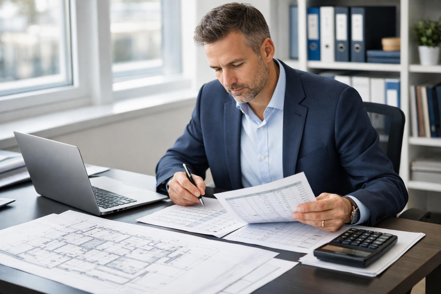 Un acheteur public professionnel examinant des documents détaillés de devis et d'estimation dans un bureau moderne bien éclairé.
