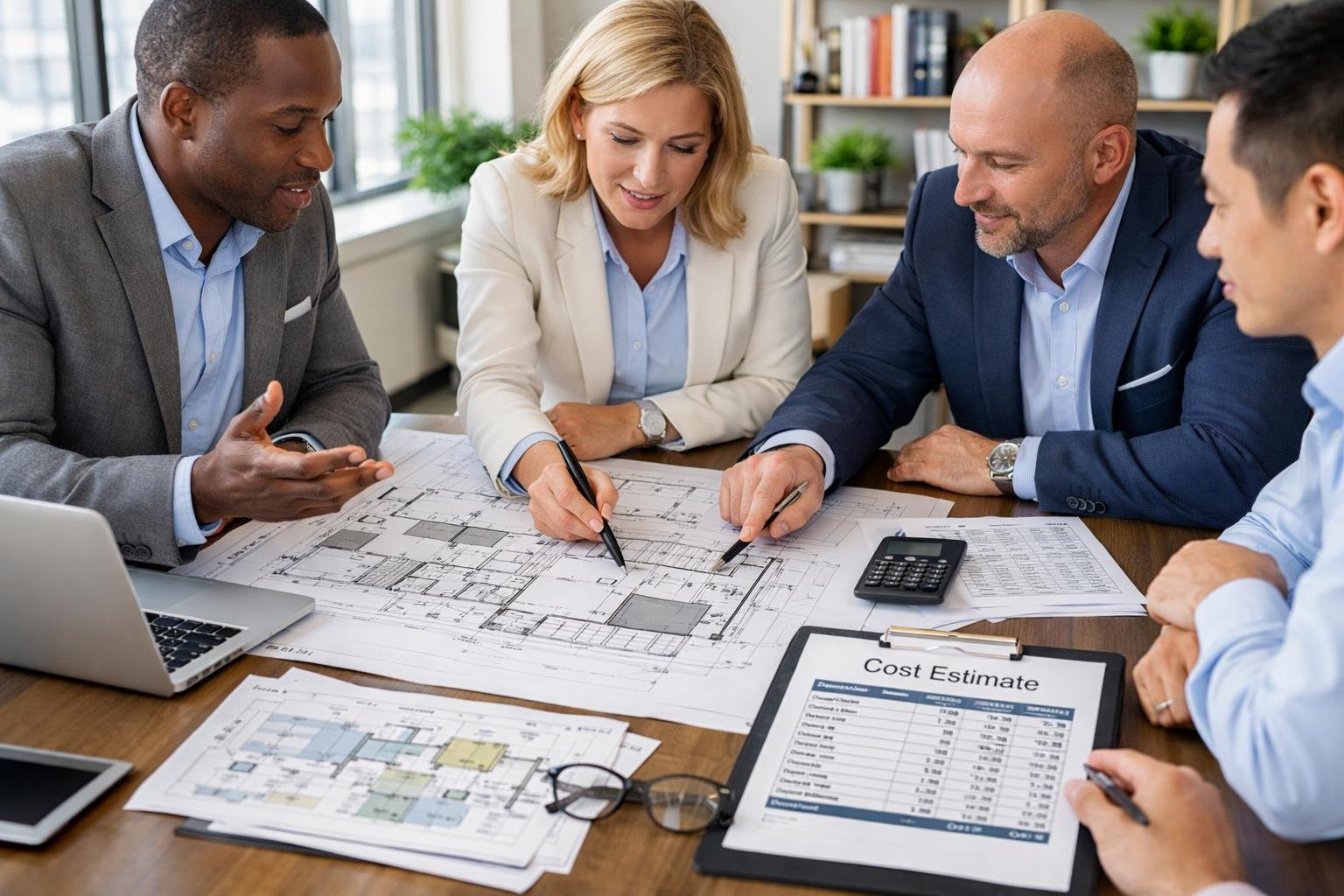 Un groupe de professionnels en réunion autour d'une table avec des plans et documents de projet, discutant ensemble dans un bureau moderne.