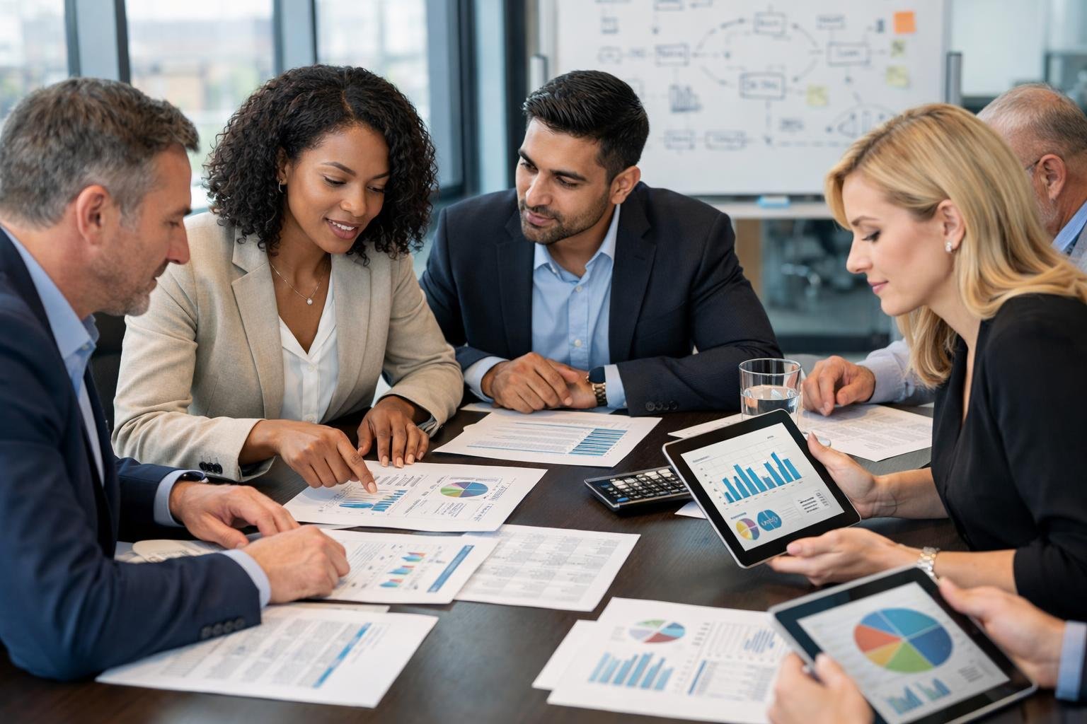 Des professionnels en réunion autour d'une table, examinant des documents et des tablettes dans une salle de conférence lumineuse.