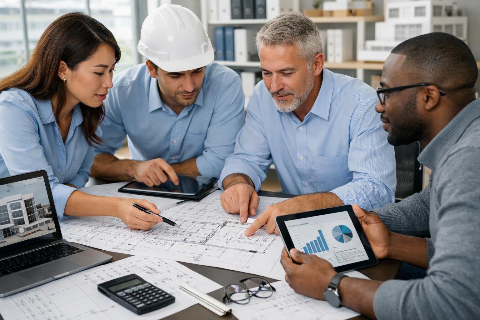 Un groupe de professionnels collaborant autour d'une table avec des plans et des documents techniques dans un bureau lumineux.