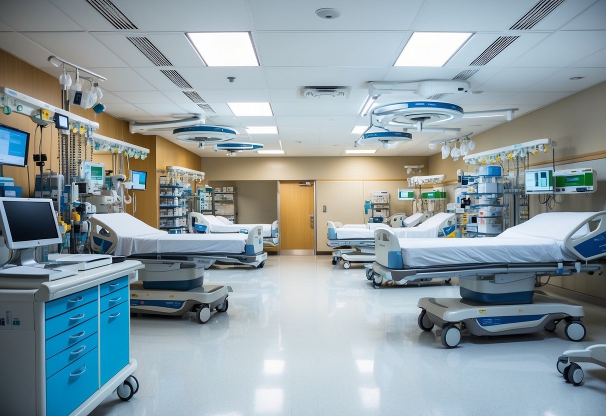 Un hôpital animé avec des chaînes d'approvisionnement rationalisées et un équipement innovant, illustrant l'engagement d'UniHA à améliorer la qualité du service dans les achats de santé.