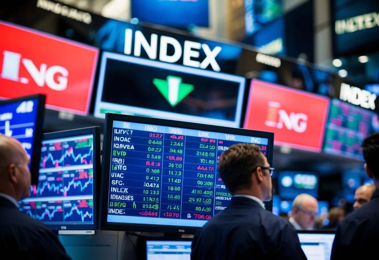 Un marché boursier animé avec divers indices affichés sur des panneaux électroniques, l'indice ING se distinguant de manière proéminente