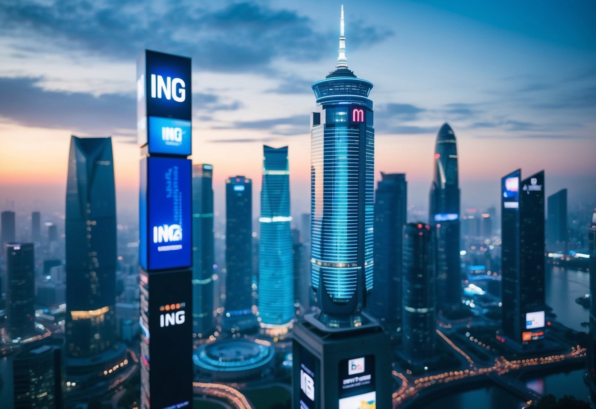 Une silhouette de ville futuriste avec l'Index ING affiché en évidence sur des panneaux numériques