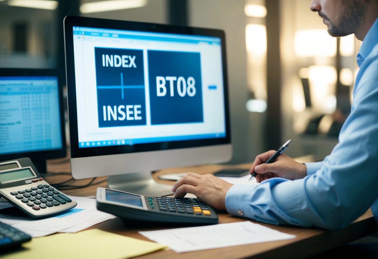 Une personne travaillant à un bureau, entourée de calculatrices, de papiers et d'un ordinateur, avec l'Indice BT08 et l'INSEE BT08 affichés à l'écran.