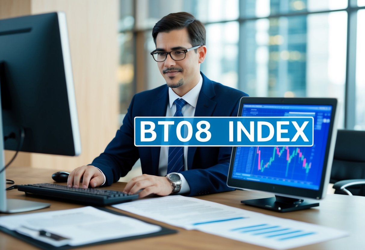 Un professionnel utilisant l'indice BT08 pour les marchés publics, avec un ordinateur et des documents sur un bureau.