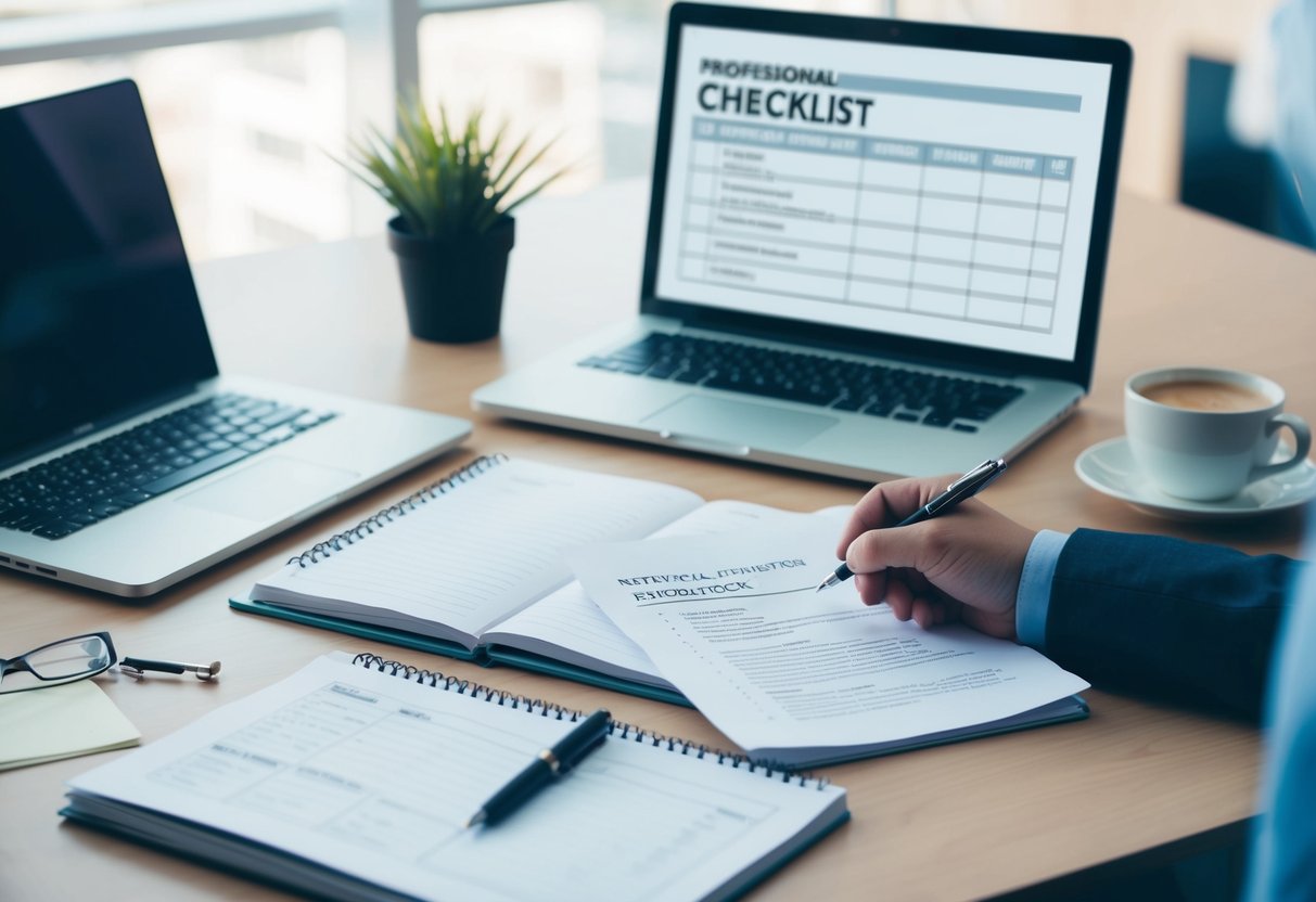 Un bureau avec un ordinateur portable, un carnet ouvert et un stylo. Une liste de contrôle avec des spécifications techniques et un mémo prêt à être soumis.