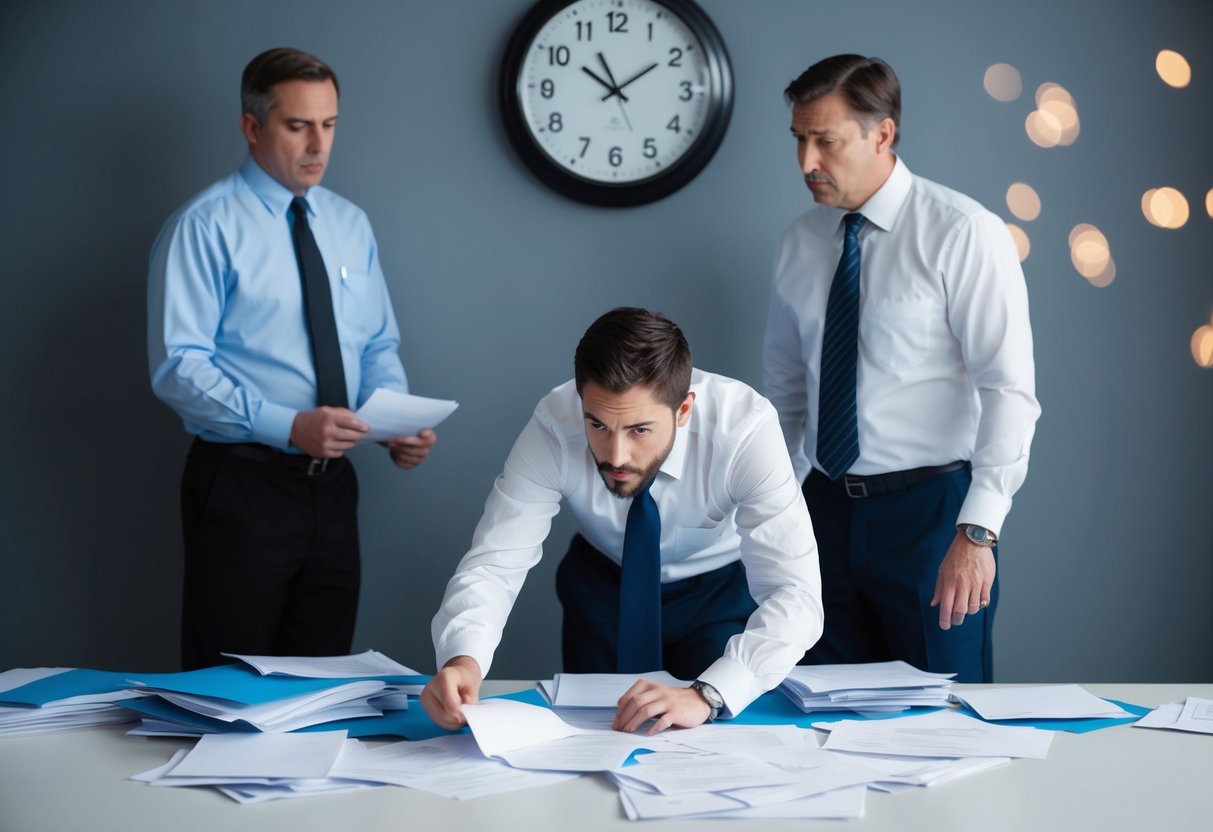 Un technicien cherche frénétiquement à travers des papiers éparpillés, tandis qu'un superviseur regarde avec désapprobation. L'horloge au mur indique que le temps presse.