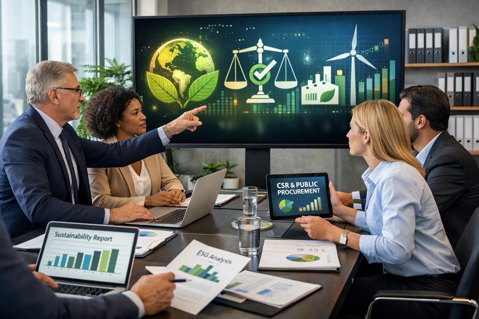 Des professionnels en réunion autour d'une table de conférence, discutant de documents et de graphiques liés à la responsabilité sociale des entreprises dans un bureau moderne.