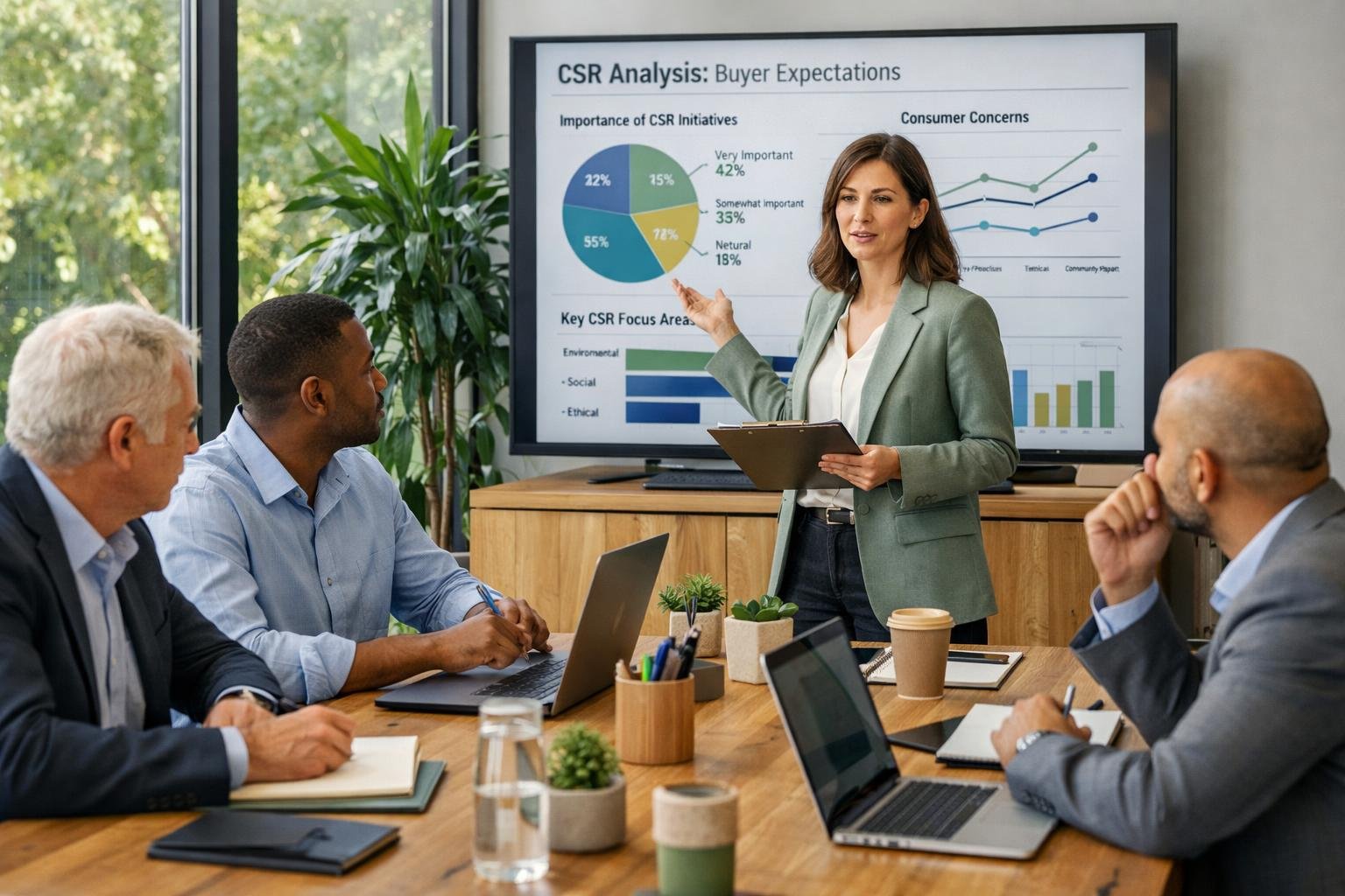 Une réunion professionnelle en bureau moderne où des collègues discutent autour d'un rapport sur la responsabilité sociale des entreprises.