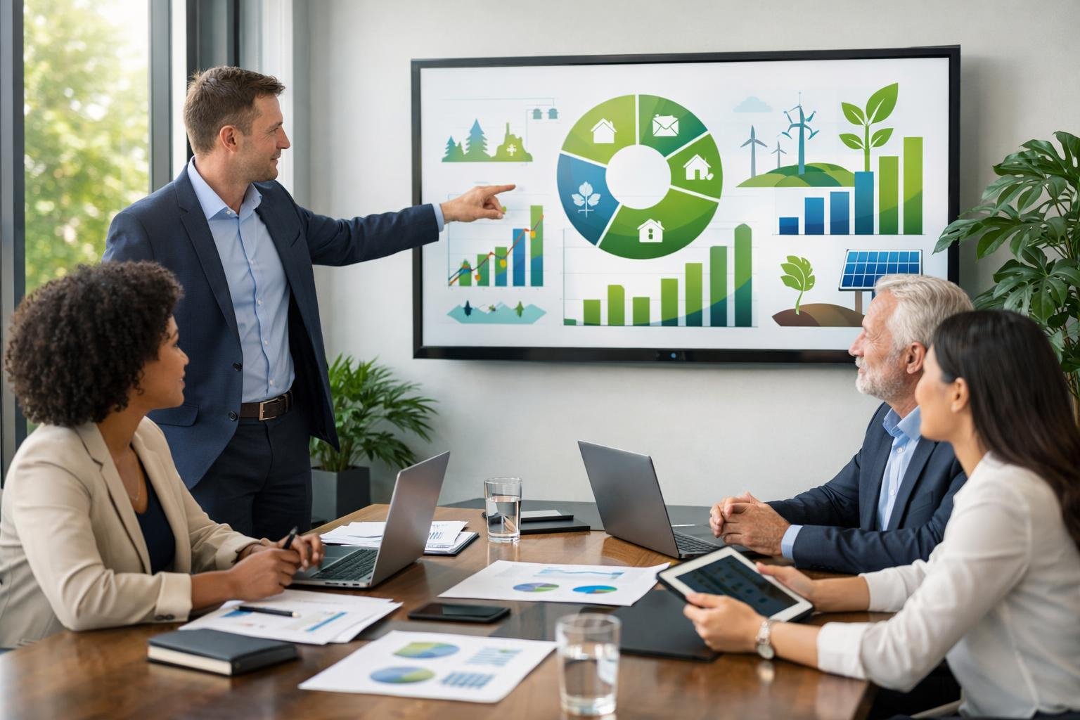 Des professionnels en réunion autour d'une table de conférence, examinant des graphiques liés à la responsabilité sociale de l'entreprise dans un bureau lumineux avec des plantes.