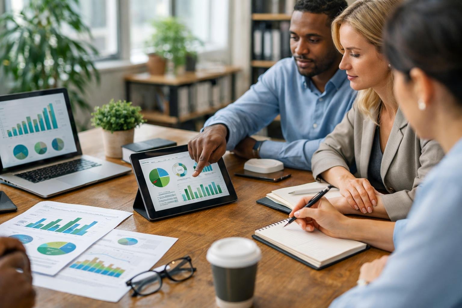Un groupe de professionnels travaillant ensemble autour d'une table dans un bureau lumineux, avec des ordinateurs portables et des documents liés à la responsabilité sociale des entreprises.