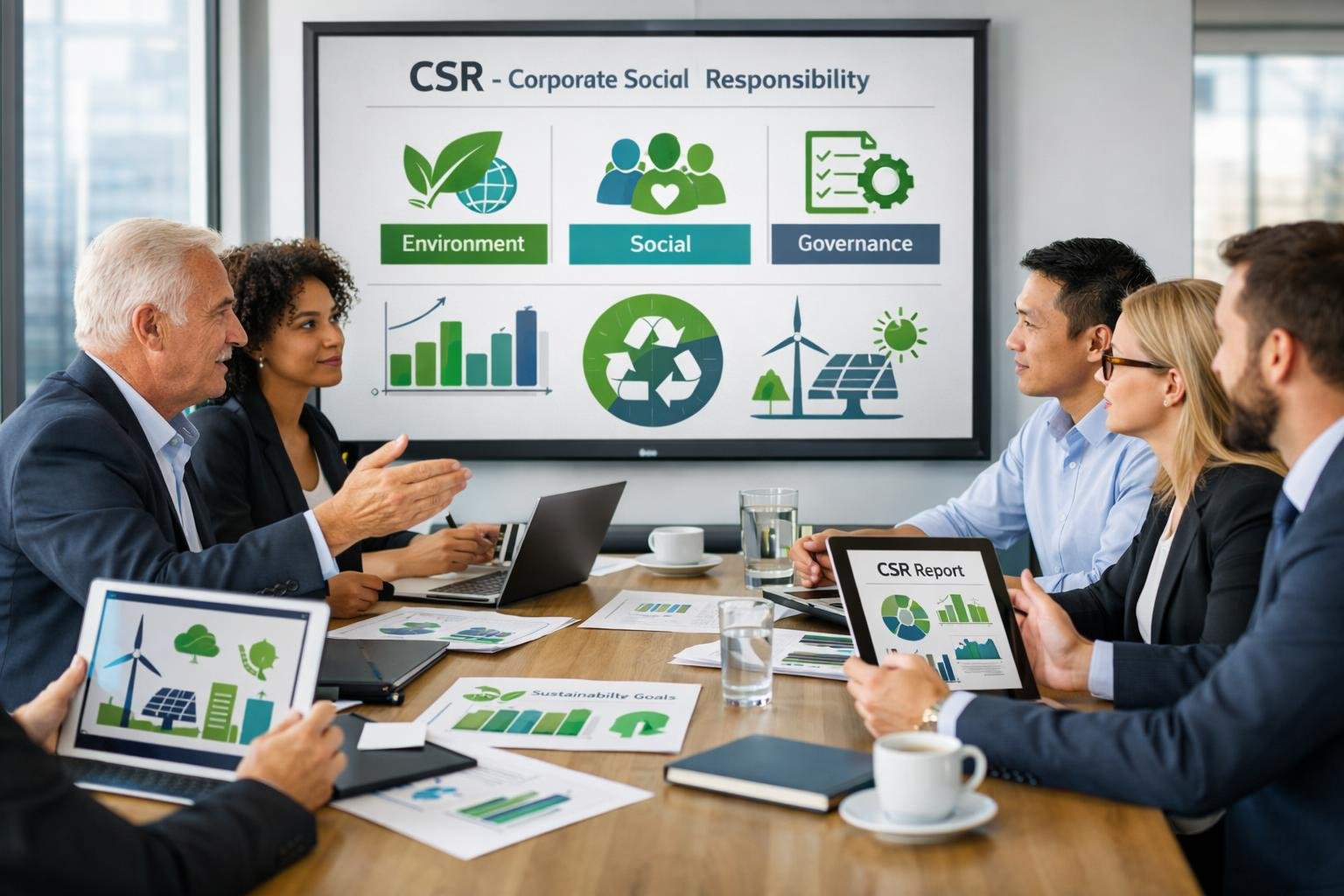 Des professionnels en réunion autour d'une table de conférence, discutant de graphiques et documents liés aux actions concrètes de responsabilité sociale des entreprises.