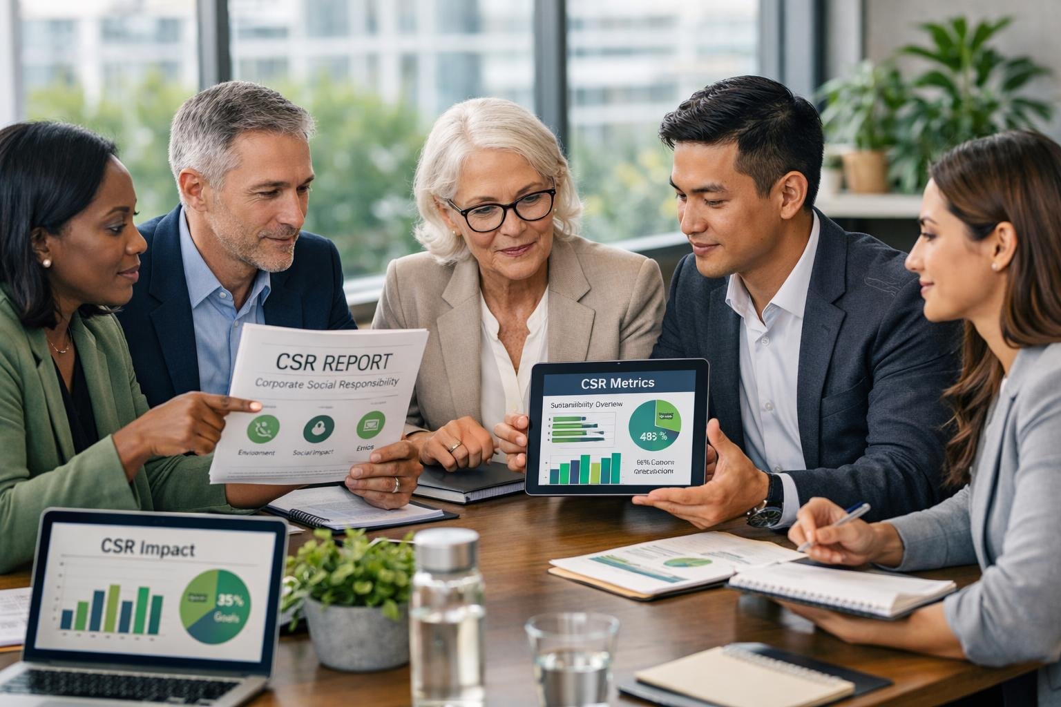 Un groupe de professionnels en réunion dans un bureau moderne, discutant de documents liés à la responsabilité sociale des entreprises.