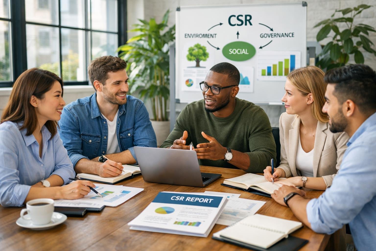 Un groupe de professionnels collaborant autour d'une table avec des ordinateurs et des documents dans un bureau lumineux avec des plantes.