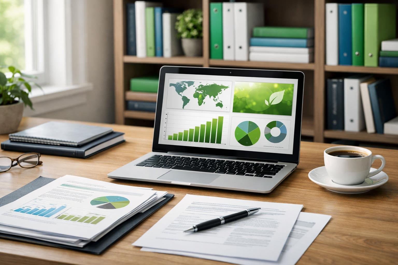 Un bureau moderne avec un ordinateur portable affichant des graphiques sur la responsabilité sociale, entouré de documents et d'une tasse de café, éclairé par la lumière naturelle.