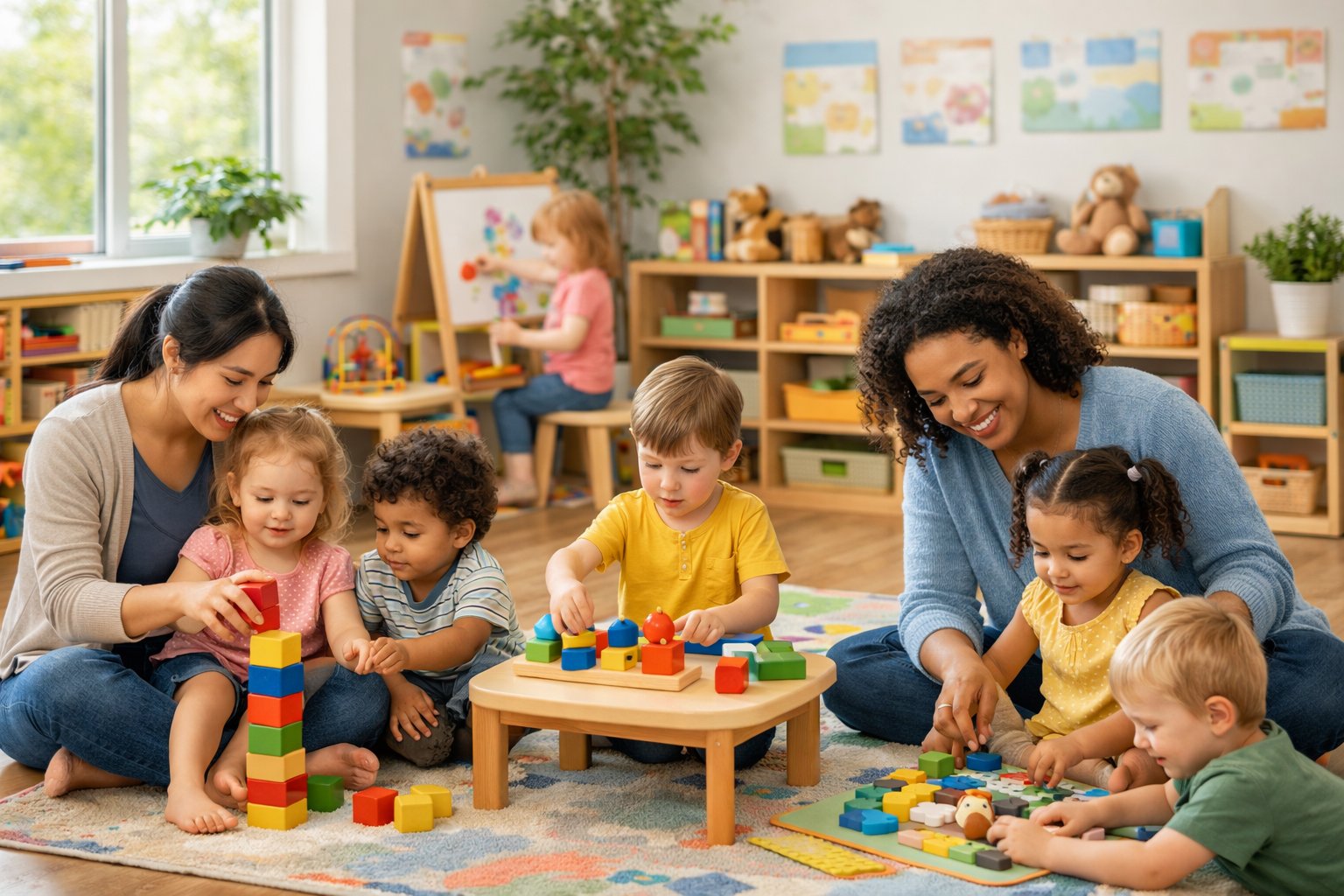 Un groupe d'enfants en bas âge jouant et apprenant avec des éducateurs dans une salle lumineuse et accueillante de petite enfance.