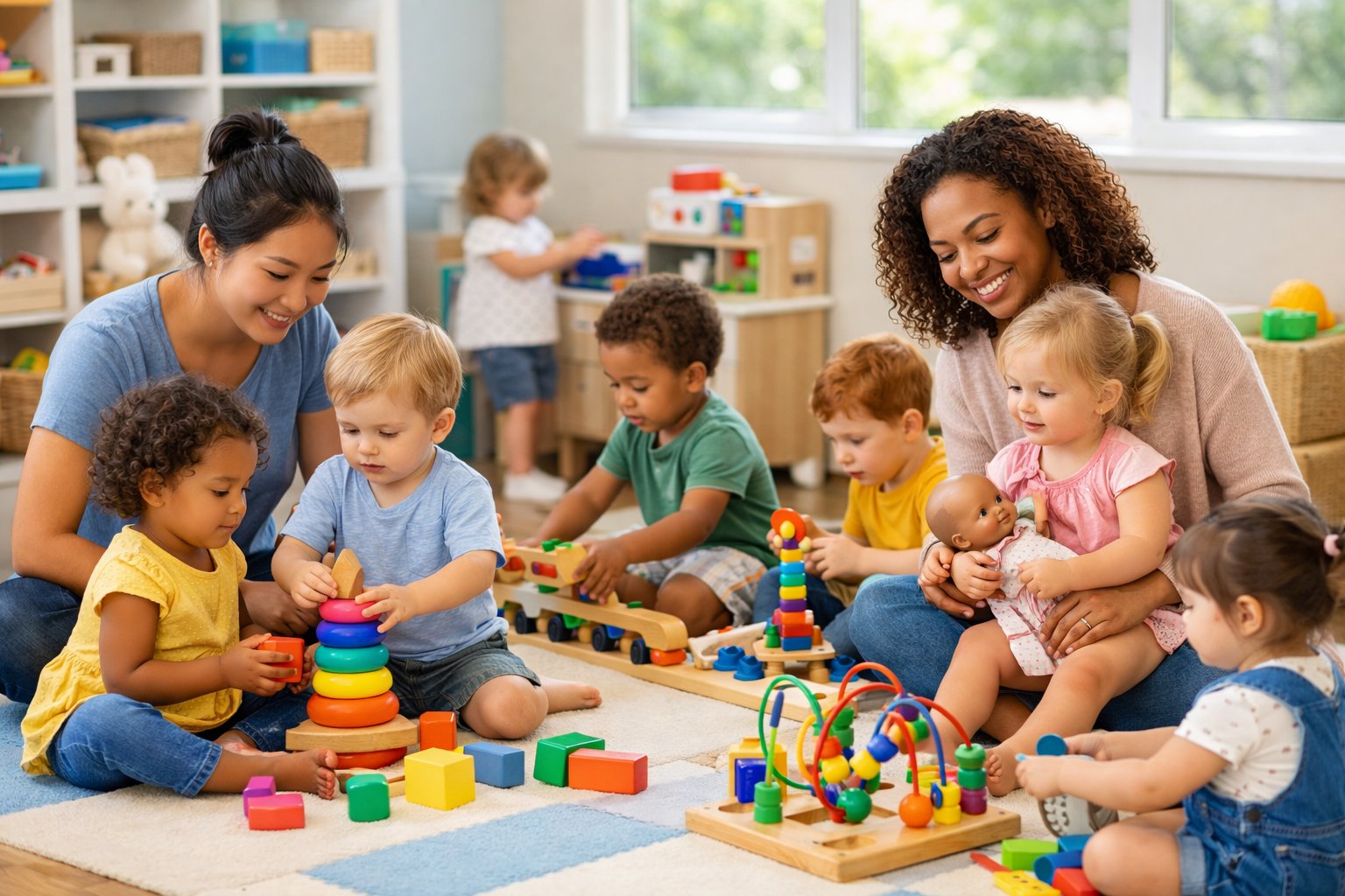 Un groupe d'enfants en bas âge jouant et apprenant avec des éducateurs dans une crèche lumineuse et moderne.