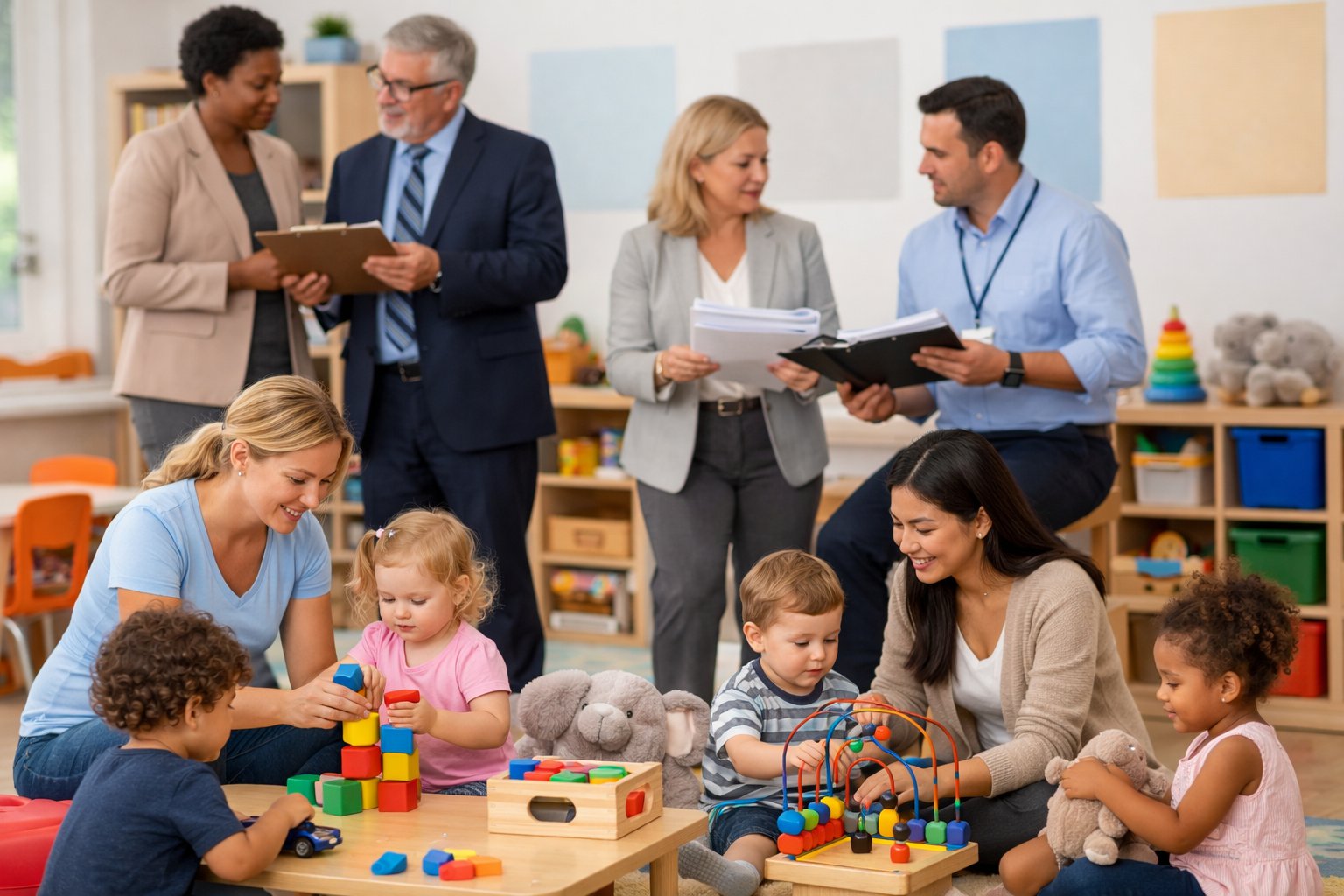 Une crèche moderne avec des enfants jouant et des professionnels discutant de la gestion et des règles liées à la petite enfance.
