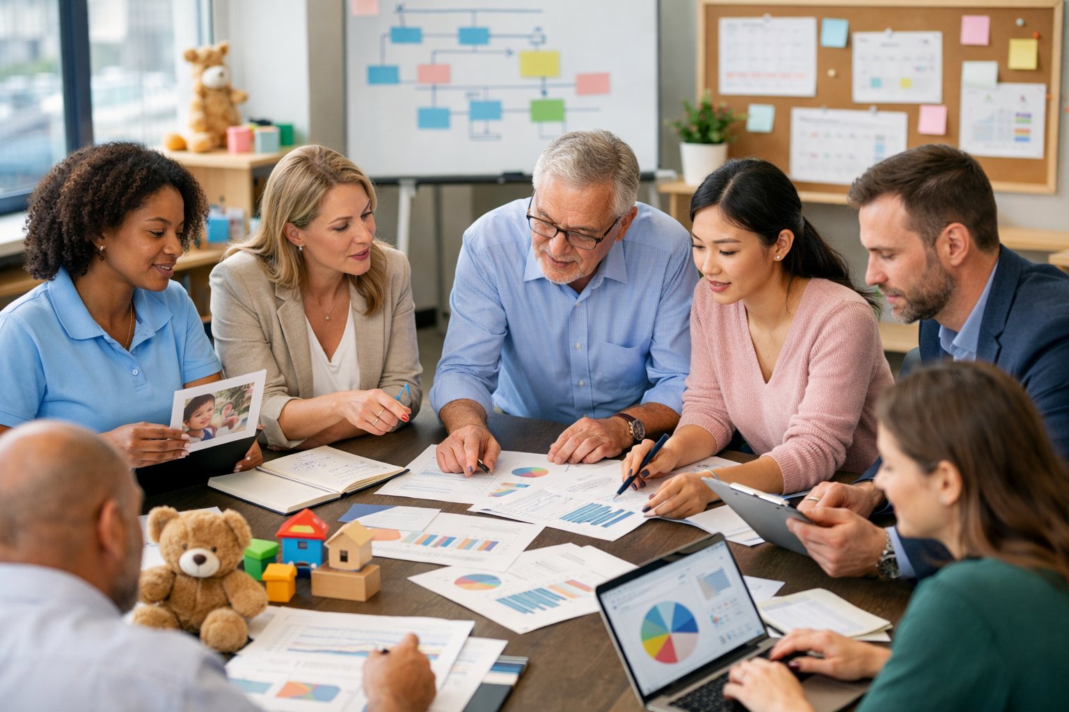 Un groupe de professionnels divers travaillant ensemble autour d'une table dans un bureau lumineux, en train de planifier des étapes clés pour la petite enfance.
