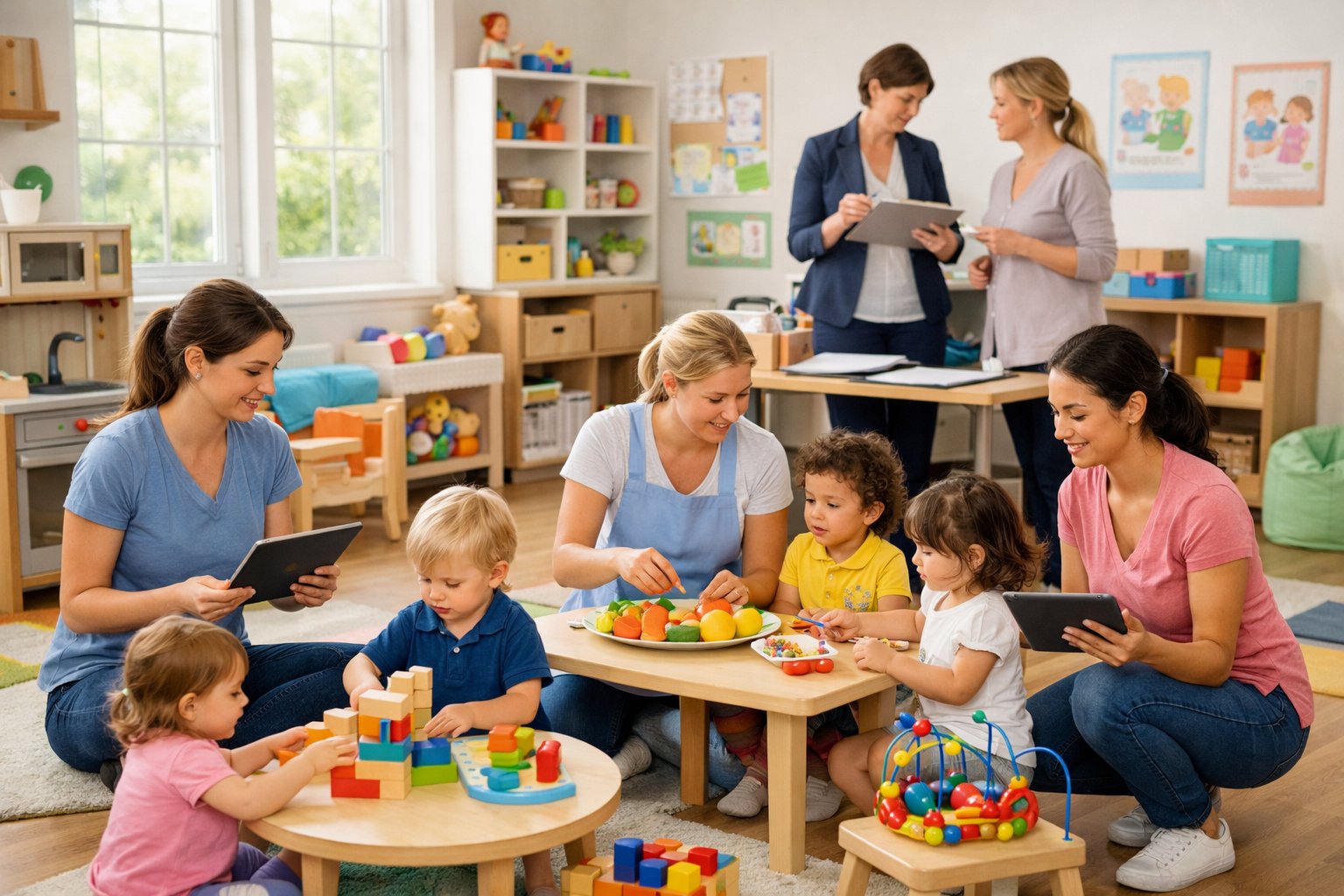 Une crèche moderne où des éducateurs s'occupent d'enfants en bas âge et un responsable organise le travail en arrière-plan.