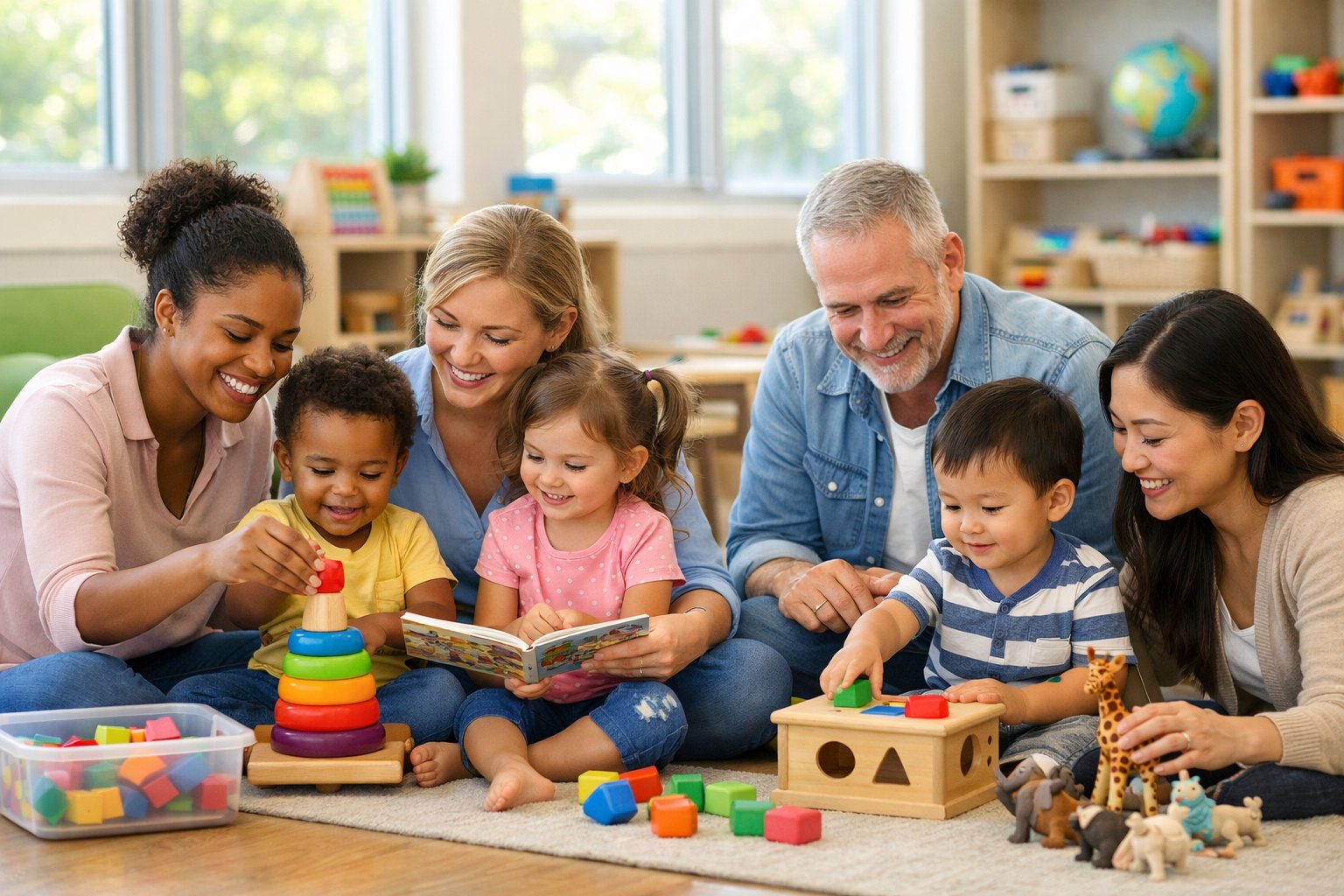 Des professionnels de la petite enfance interagissant avec des jeunes enfants dans un environnement lumineux et accueillant.