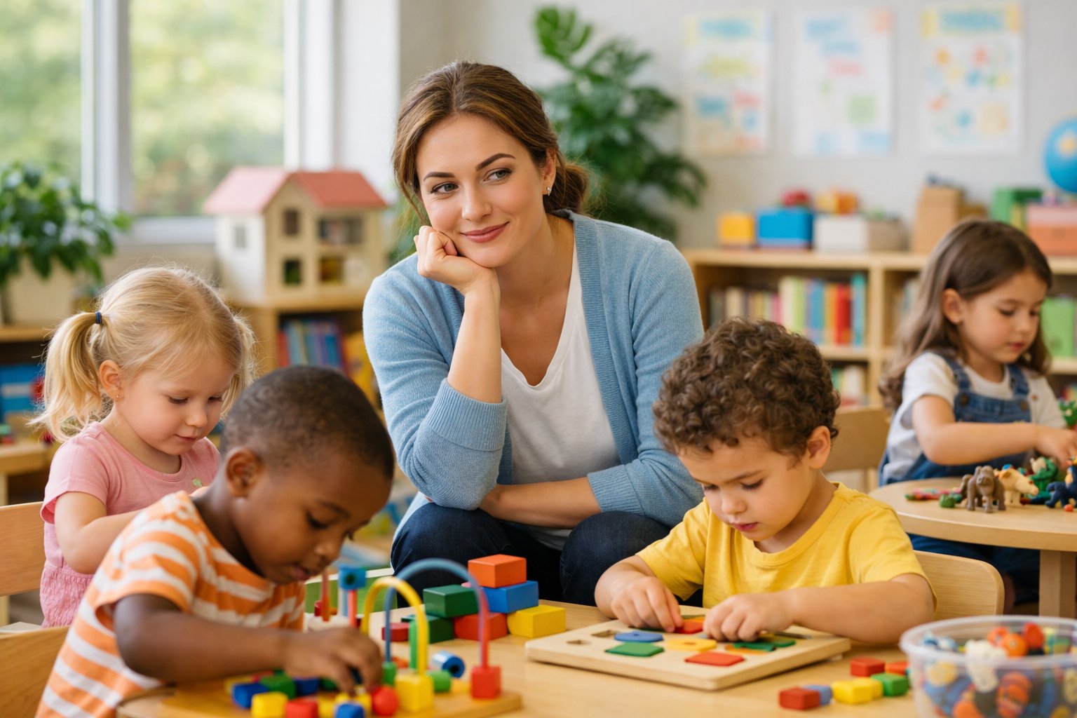 Une éducatrice attentive entourée de jeunes enfants jouant dans une salle de classe lumineuse et colorée dédiée à la petite enfance.