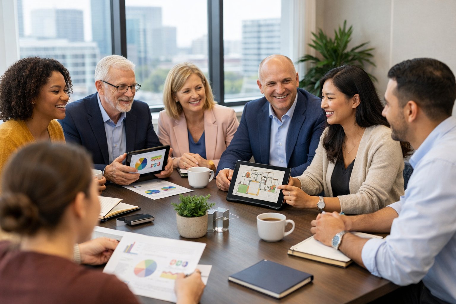 Un groupe diversifié de professionnels en réunion autour d'une table, discutant de projets liés à la petite enfance dans un bureau lumineux.