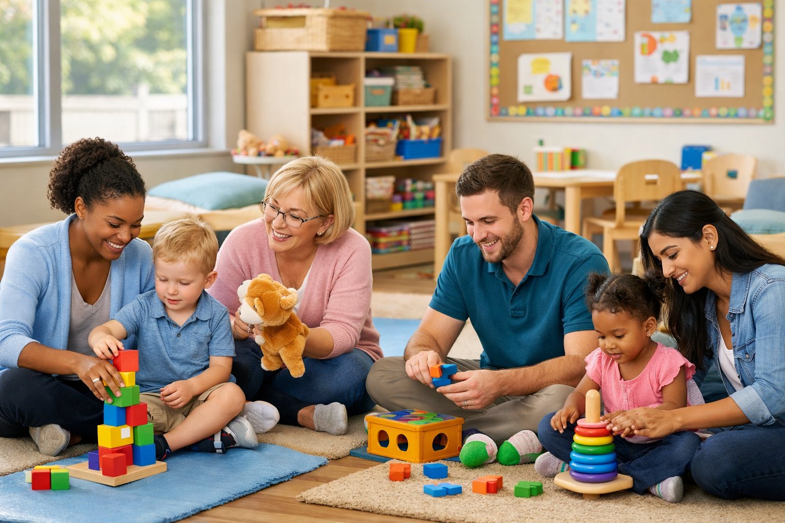 Des professionnels de la petite enfance interagissant avec de jeunes enfants dans une salle de classe lumineuse et colorée.