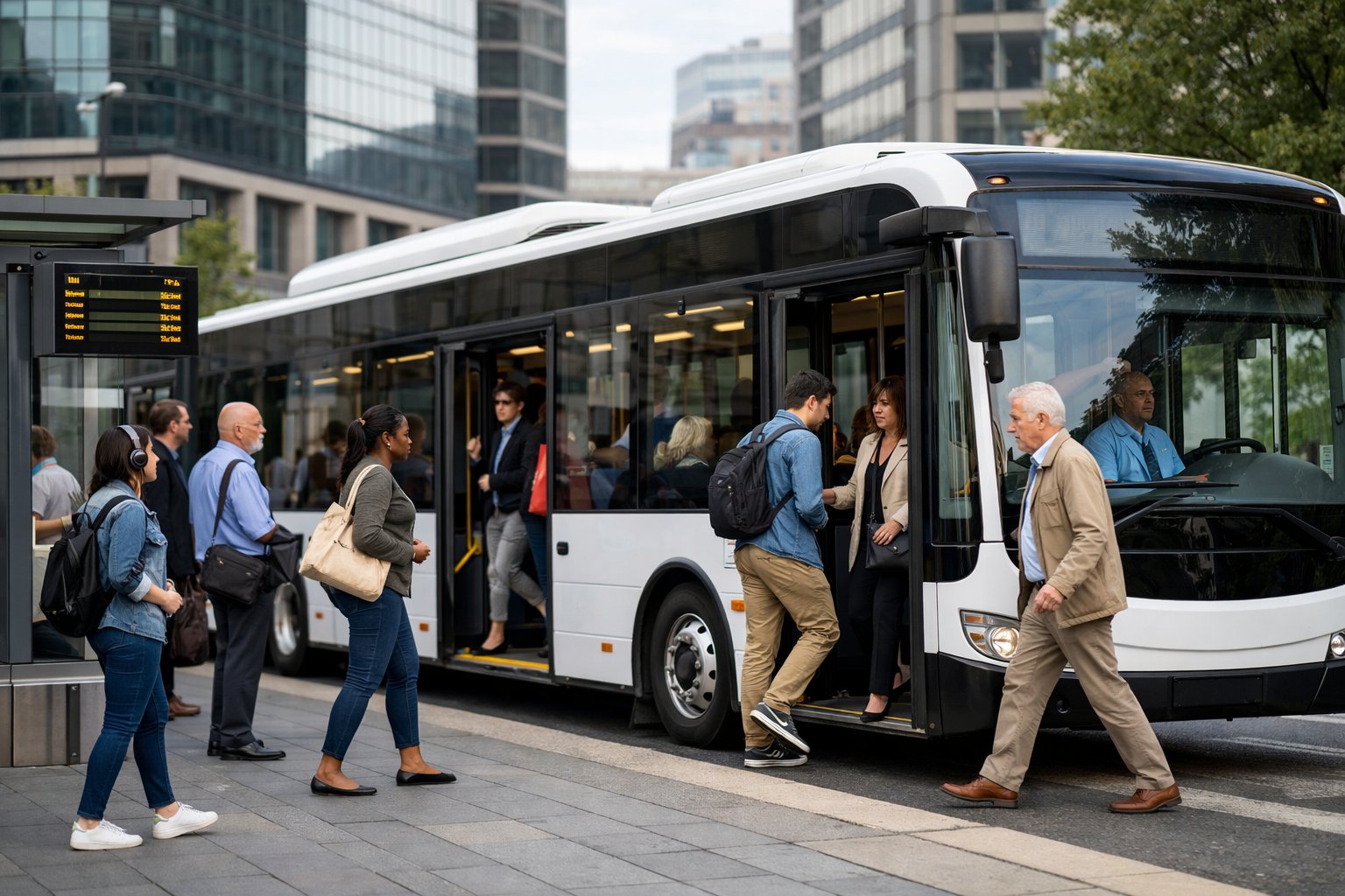 Un bus urbain moderne s'arrêtant à un arrêt de bus animé avec des passagers montant et descendant dans un environnement urbain.
