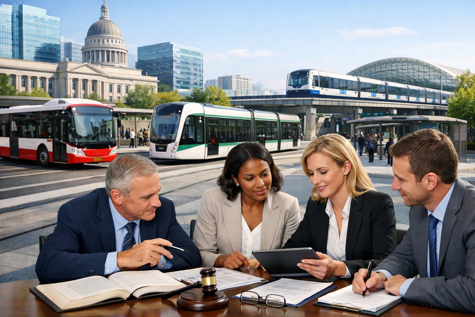Un groupe de professionnels discutant autour d'une table avec des documents, devant une ville moderne avec des bus, tramways et trains en circulation.