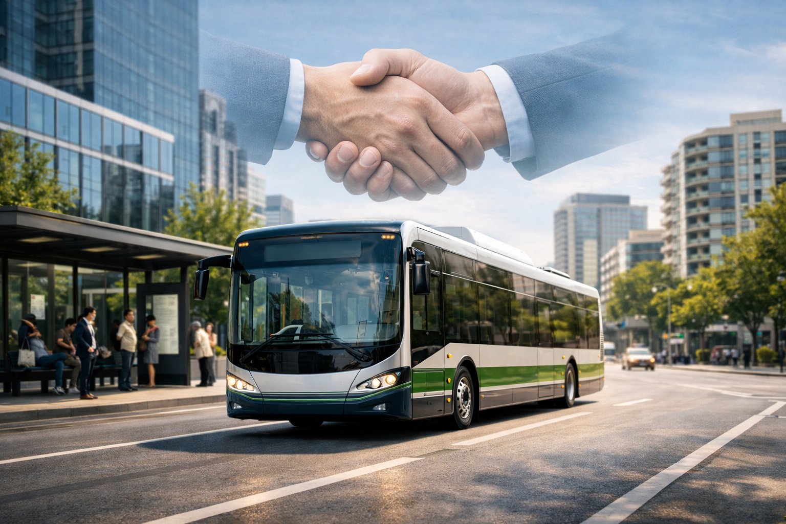 Un bus urbain moderne circulant dans une rue animée avec des passagers attendant à un arrêt de bus, entouré de bâtiments de la ville.