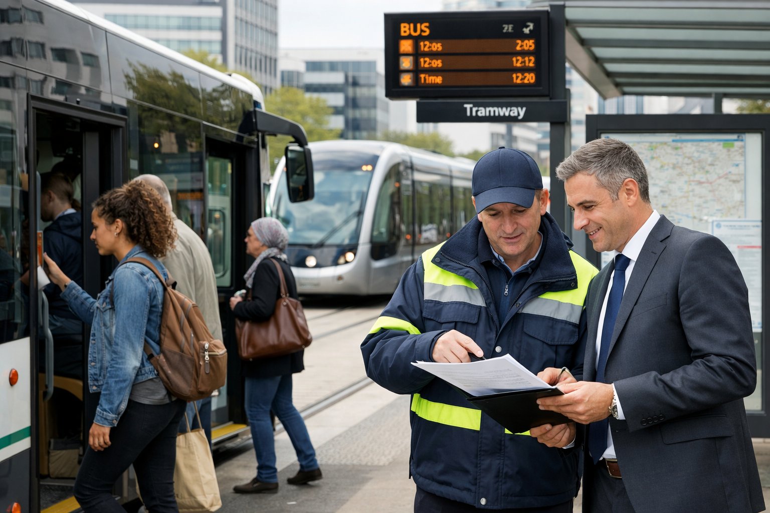 Un bus de ville moderne à un arrêt animé avec des passagers et un professionnel discutant avec un officiel des transports.