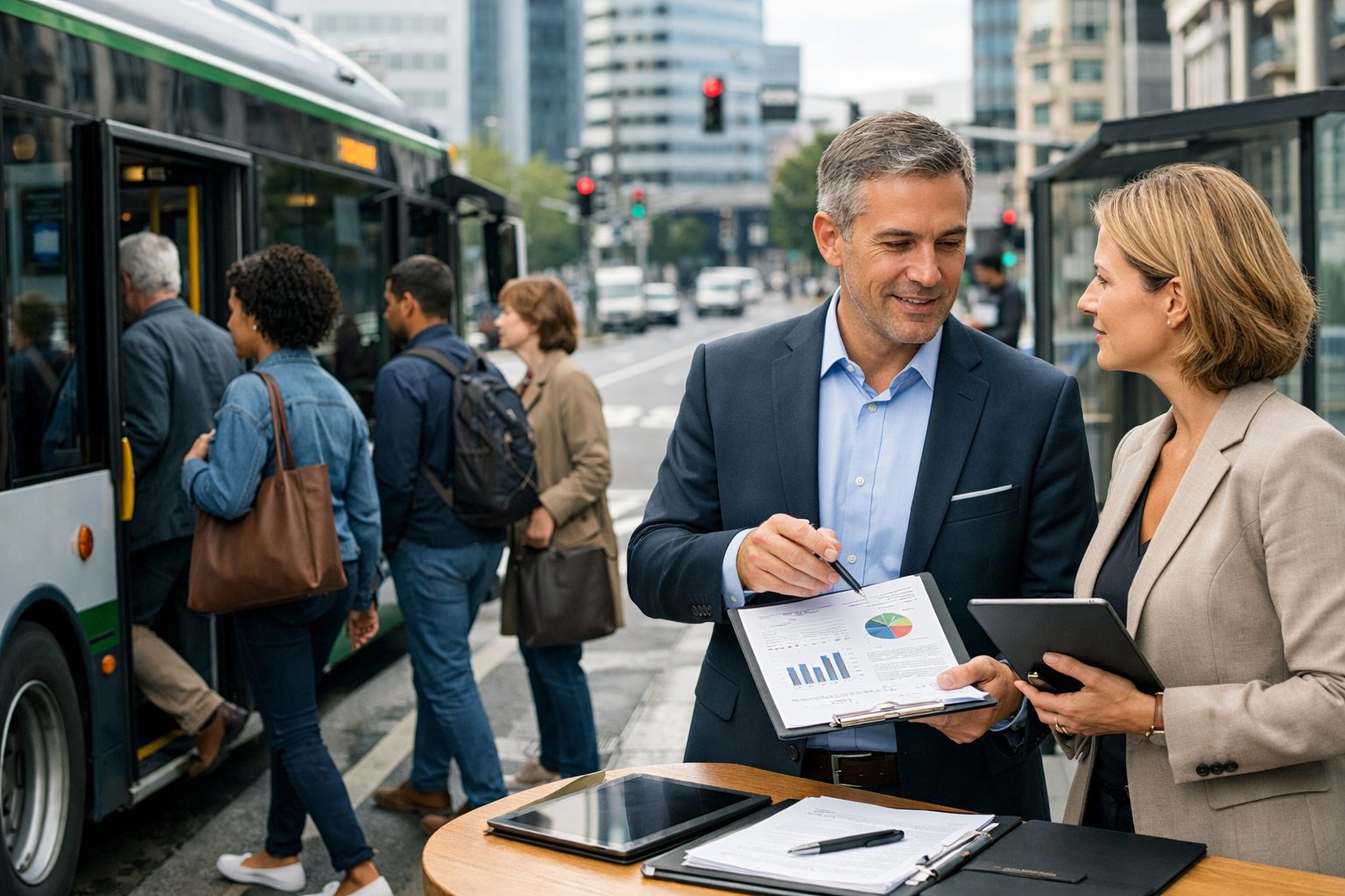 Un bus urbain moderne à un arrêt avec des passagers et deux professionnels discutant des plans dans un environnement de ville.