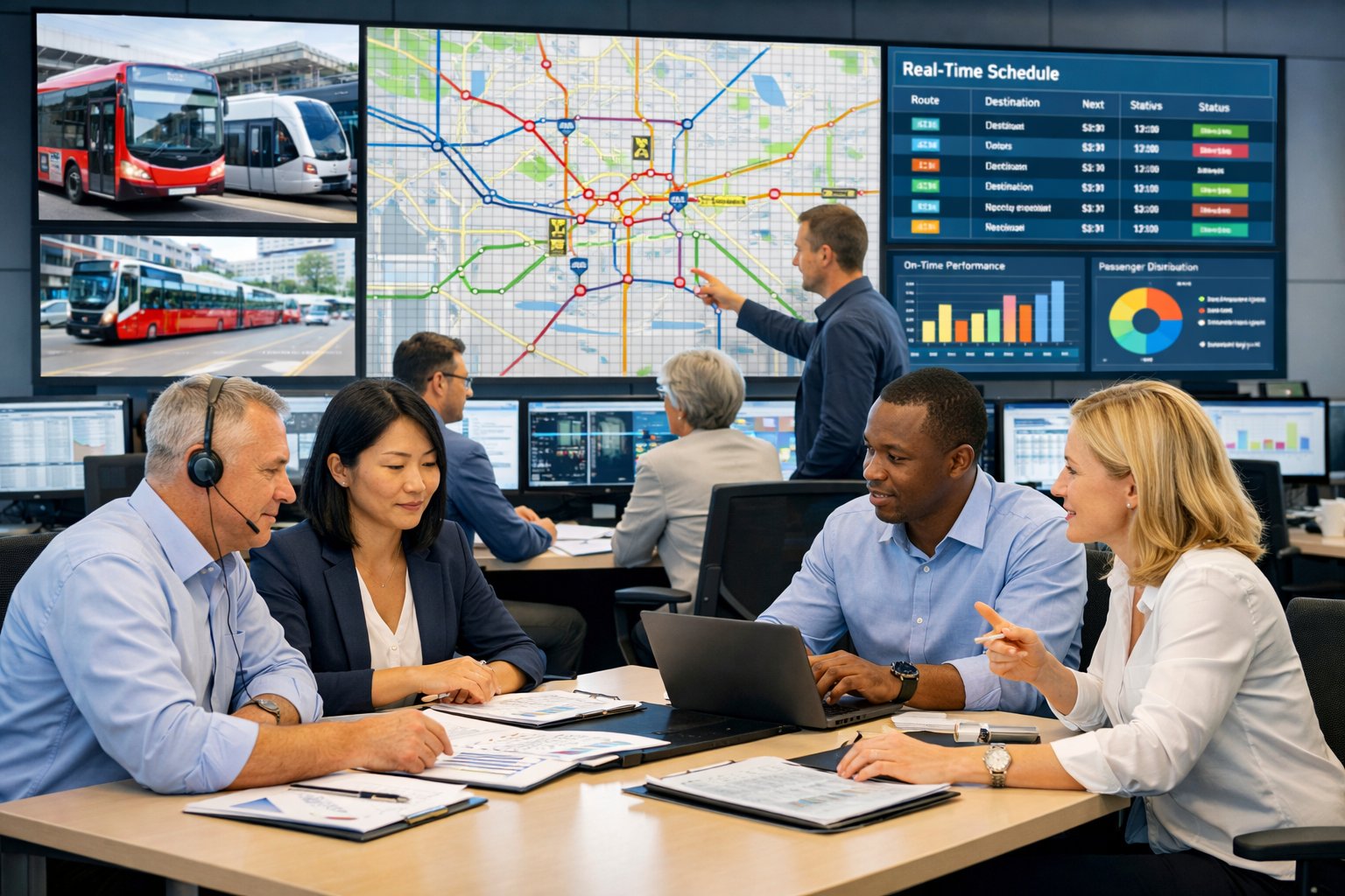 Personnes travaillant dans un centre de contrôle moderne pour la gestion des transports publics, avec des écrans affichant des données en temps réel.