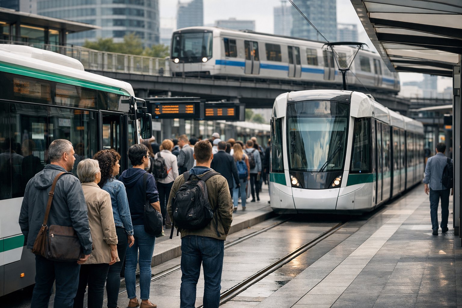 Des personnes attendent à un arrêt de bus et de tram dans une ville animée avec plusieurs véhicules de transport en commun visibles.