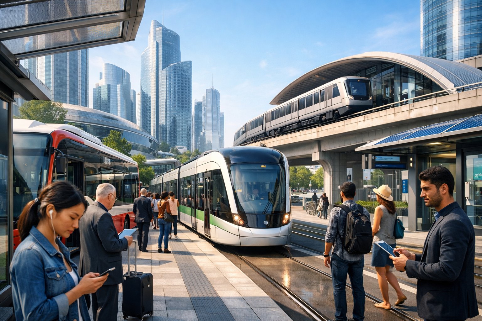 Une station de transport public moderne avec des bus, tramways et métros en mouvement, des personnes attendant et un paysage urbain en arrière-plan.