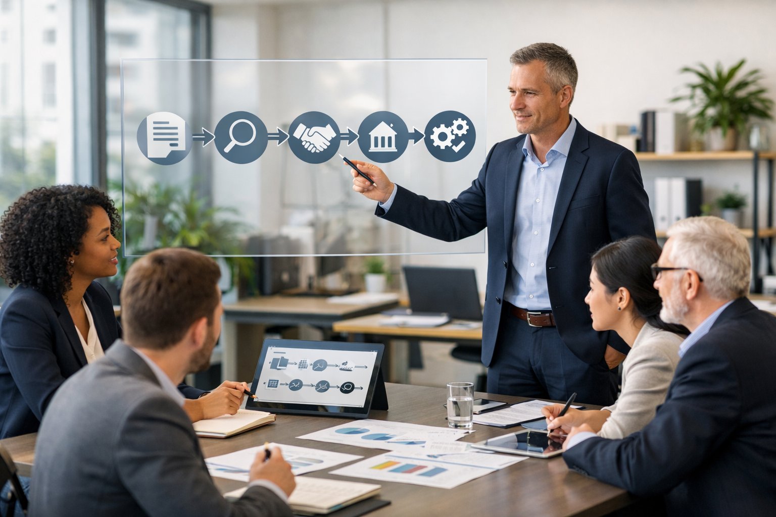 Des professionnels en réunion autour d'une table avec des documents et des écrans montrant un processus de travail en plusieurs étapes.