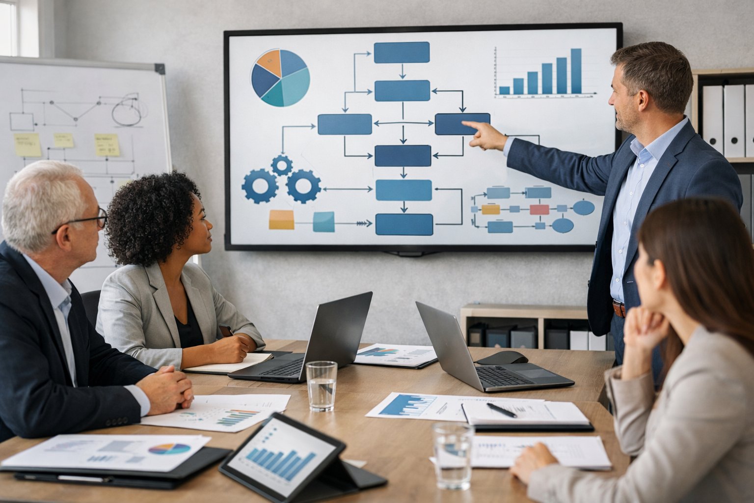 Un groupe de professionnels en réunion autour d'une table de conférence, discutant des étapes clés d'une procédure de passation dans un bureau moderne.