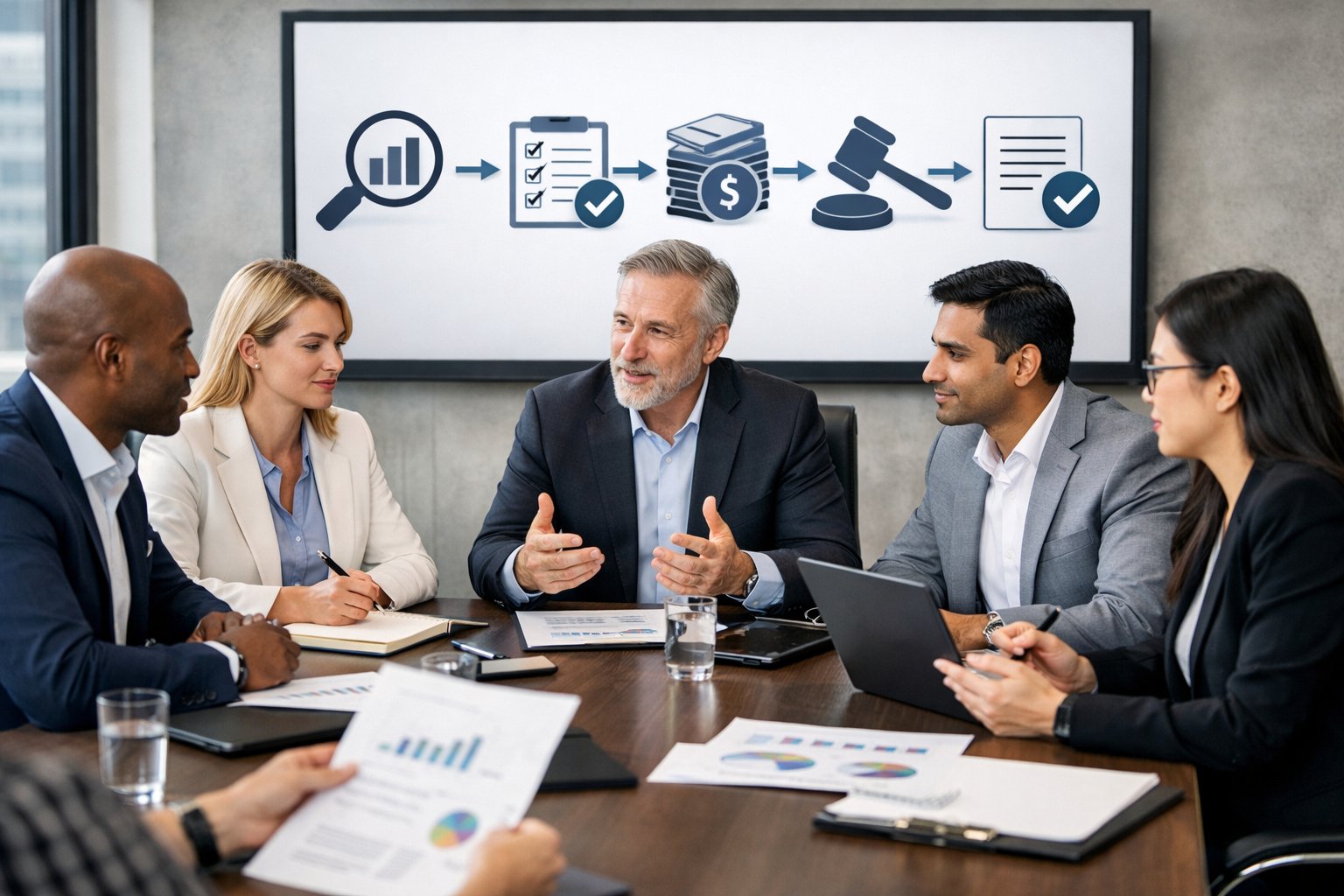 Un groupe de professionnels en réunion autour d'une table de conférence, discutant et collaborant sur des documents et des appareils numériques dans un bureau moderne.