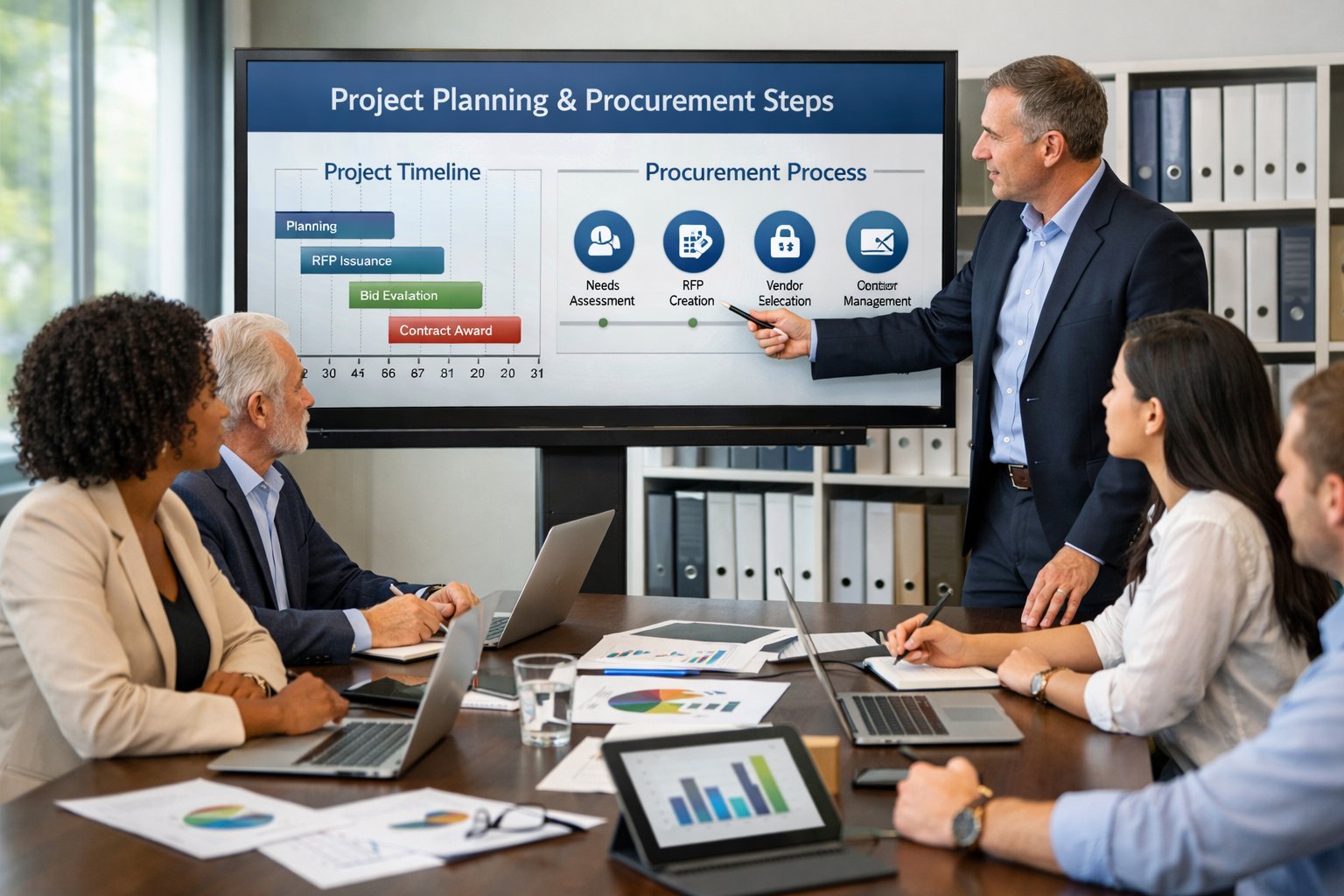 Un groupe de professionnels en réunion autour d'une table de conférence avec des ordinateurs et des documents, discutant d'un projet dans un bureau lumineux.