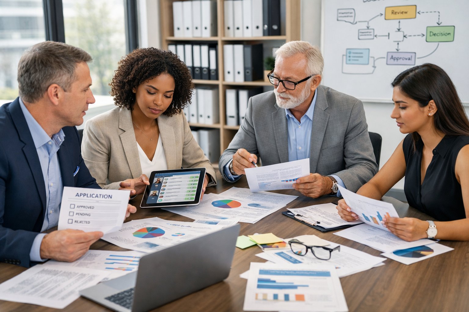Un groupe de professionnels en réunion autour d'une table examinant des documents et des tablettes dans un bureau lumineux.